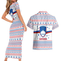 Slovenian Winter Couples Matching Short Sleeve Bodycon Dress and Hawaiian Shirt Ljubljana Dragon with Nordic Snowflakes and Alpine Vibes
