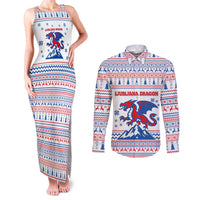 Slovenian Winter Couples Matching Tank Maxi Dress and Long Sleeve Button Shirt Ljubljana Dragon with Nordic Snowflakes and Alpine Vibes