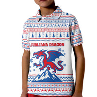 Slovenian Winter Kid Polo Shirt Ljubljana Dragon with Nordic Snowflakes and Alpine Vibes