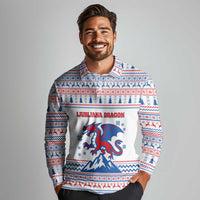 Slovenian Winter Long Sleeve Polo Shirt Ljubljana Dragon with Nordic Snowflakes and Alpine Vibes