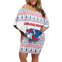 Slovenian Winter Off Shoulder Short Dress Ljubljana Dragon with Nordic Snowflakes and Alpine Vibes
