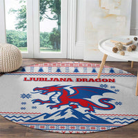 Slovenian Winter Round Carpet Ljubljana Dragon with Nordic Snowflakes and Alpine Vibes