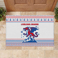 Slovenian Winter Rubber Doormat Ljubljana Dragon with Nordic Snowflakes and Alpine Vibes