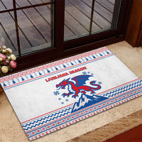 Slovenian Winter Rubber Doormat Ljubljana Dragon with Nordic Snowflakes and Alpine Vibes