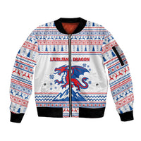 Slovenian Winter Sleeve Zip Bomber Jacket Ljubljana Dragon with Nordic Snowflakes and Alpine Vibes