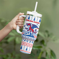 Slovenian Winter Tumbler With Handle Ljubljana Dragon with Nordic Snowflakes and Alpine Vibes