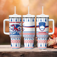 Slovenian Winter Tumbler With Handle Ljubljana Dragon with Nordic Snowflakes and Alpine Vibes