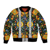 Slovenia Folk Art Bomber Jacket Bright Floral Pattern with National Crest Emblem