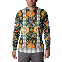 Slovenia Folk Art Button Sweatshirt Bright Floral Pattern with National Crest Emblem
