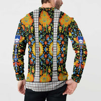 Slovenia Folk Art Button Sweatshirt Bright Floral Pattern with National Crest Emblem