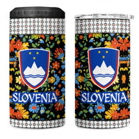 Slovenia Folk Art 4 in 1 Can Cooler Tumbler Bright Floral Pattern with National Crest Emblem