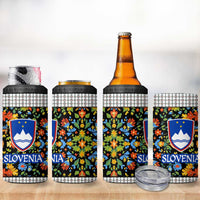 Slovenia Folk Art 4 in 1 Can Cooler Tumbler Bright Floral Pattern with National Crest Emblem