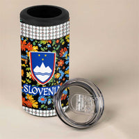 Slovenia Folk Art 4 in 1 Can Cooler Tumbler Bright Floral Pattern with National Crest Emblem