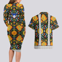 Slovenia Folk Art Couples Matching Long Sleeve Bodycon Dress and Hawaiian Shirt Bright Floral Pattern with National Crest Emblem