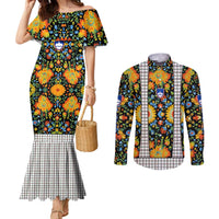 Slovenia Folk Art Couples Matching Mermaid Dress and Long Sleeve Button Shirt Bright Floral Pattern with National Crest Emblem