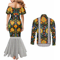 Slovenia Folk Art Couples Matching Mermaid Dress and Long Sleeve Button Shirt Bright Floral Pattern with National Crest Emblem