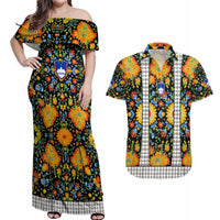 Slovenia Folk Art Couples Matching Off Shoulder Maxi Dress and Hawaiian Shirt Bright Floral Pattern with National Crest Emblem