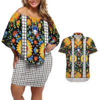 Slovenia Folk Art Couples Matching Off Shoulder Short Dress and Hawaiian Shirt Bright Floral Pattern with National Crest Emblem