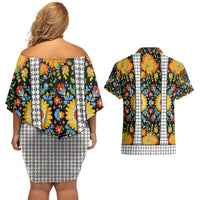 Slovenia Folk Art Couples Matching Off Shoulder Short Dress and Hawaiian Shirt Bright Floral Pattern with National Crest Emblem