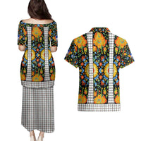 Slovenia Folk Art Couples Matching Puletasi and Hawaiian Shirt Bright Floral Pattern with National Crest Emblem