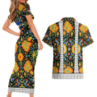 Slovenia Folk Art Couples Matching Short Sleeve Bodycon Dress and Hawaiian Shirt Bright Floral Pattern with National Crest Emblem