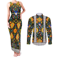 Slovenia Folk Art Couples Matching Tank Maxi Dress and Long Sleeve Button Shirt Bright Floral Pattern with National Crest Emblem