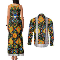 Slovenia Folk Art Couples Matching Tank Maxi Dress and Long Sleeve Button Shirt Bright Floral Pattern with National Crest Emblem
