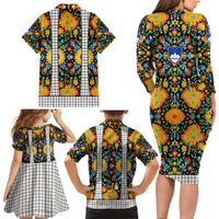 Slovenia Folk Art Family Matching Long Sleeve Bodycon Dress and Hawaiian Shirt Bright Floral Pattern with National Crest Emblem