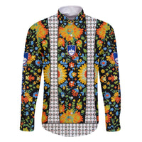Slovenia Folk Art Family Matching Off The Shoulder Long Sleeve Dress and Hawaiian Shirt Bright Floral Pattern with National Crest Emblem