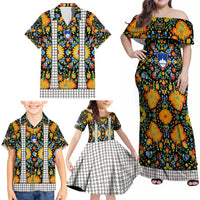 Slovenia Folk Art Family Matching Off Shoulder Maxi Dress and Hawaiian Shirt Bright Floral Pattern with National Crest Emblem