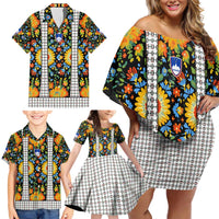 Slovenia Folk Art Family Matching Off Shoulder Short Dress and Hawaiian Shirt Bright Floral Pattern with National Crest Emblem