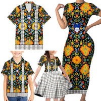 Slovenia Folk Art Family Matching Short Sleeve Bodycon Dress and Hawaiian Shirt Bright Floral Pattern with National Crest Emblem