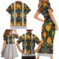 Slovenia Folk Art Family Matching Short Sleeve Bodycon Dress and Hawaiian Shirt Bright Floral Pattern with National Crest Emblem