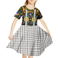 Slovenia Folk Art Kid Short Sleeve Dress Bright Floral Pattern with National Crest Emblem