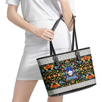 Slovenia Folk Art Leather Tote Bag Bright Floral Pattern with National Crest Emblem