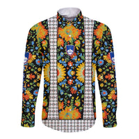 Slovenia Folk Art Long Sleeve Button Shirt Bright Floral Pattern with National Crest Emblem