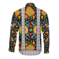 Slovenia Folk Art Long Sleeve Button Shirt Bright Floral Pattern with National Crest Emblem