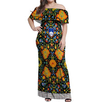 Slovenia Folk Art Off Shoulder Maxi Dress Bright Floral Pattern with National Crest Emblem