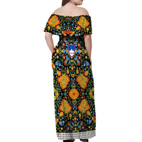 Slovenia Folk Art Off Shoulder Maxi Dress Bright Floral Pattern with National Crest Emblem