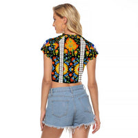 Slovenia Folk Art Raglan Cropped T Shirt Bright Floral Pattern with National Crest Emblem