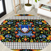 Slovenia Folk Art Round Carpet Bright Floral Pattern with National Crest Emblem