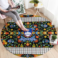 Slovenia Folk Art Round Carpet Bright Floral Pattern with National Crest Emblem