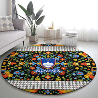 Slovenia Folk Art Round Carpet Bright Floral Pattern with National Crest Emblem