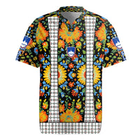 Slovenia Folk Art Rugby Jersey Bright Floral Pattern with National Crest Emblem