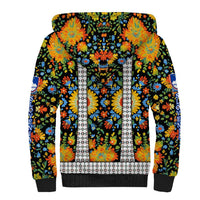 Slovenia Folk Art Sherpa Hoodie Bright Floral Pattern with National Crest Emblem