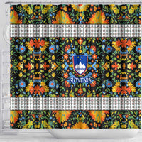 Slovenia Folk Art Shower Curtain Bright Floral Pattern with National Crest Emblem