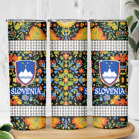 Slovenia Folk Art Skinny Tumbler Bright Floral Pattern with National Crest Emblem