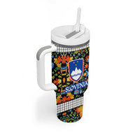 Slovenia Folk Art Tumbler With Handle Bright Floral Pattern with National Crest Emblem