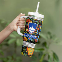 Slovenia Folk Art Tumbler With Handle Bright Floral Pattern with National Crest Emblem