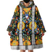 Slovenia Folk Art Wearable Blanket Hoodie Bright Floral Pattern with National Crest Emblem